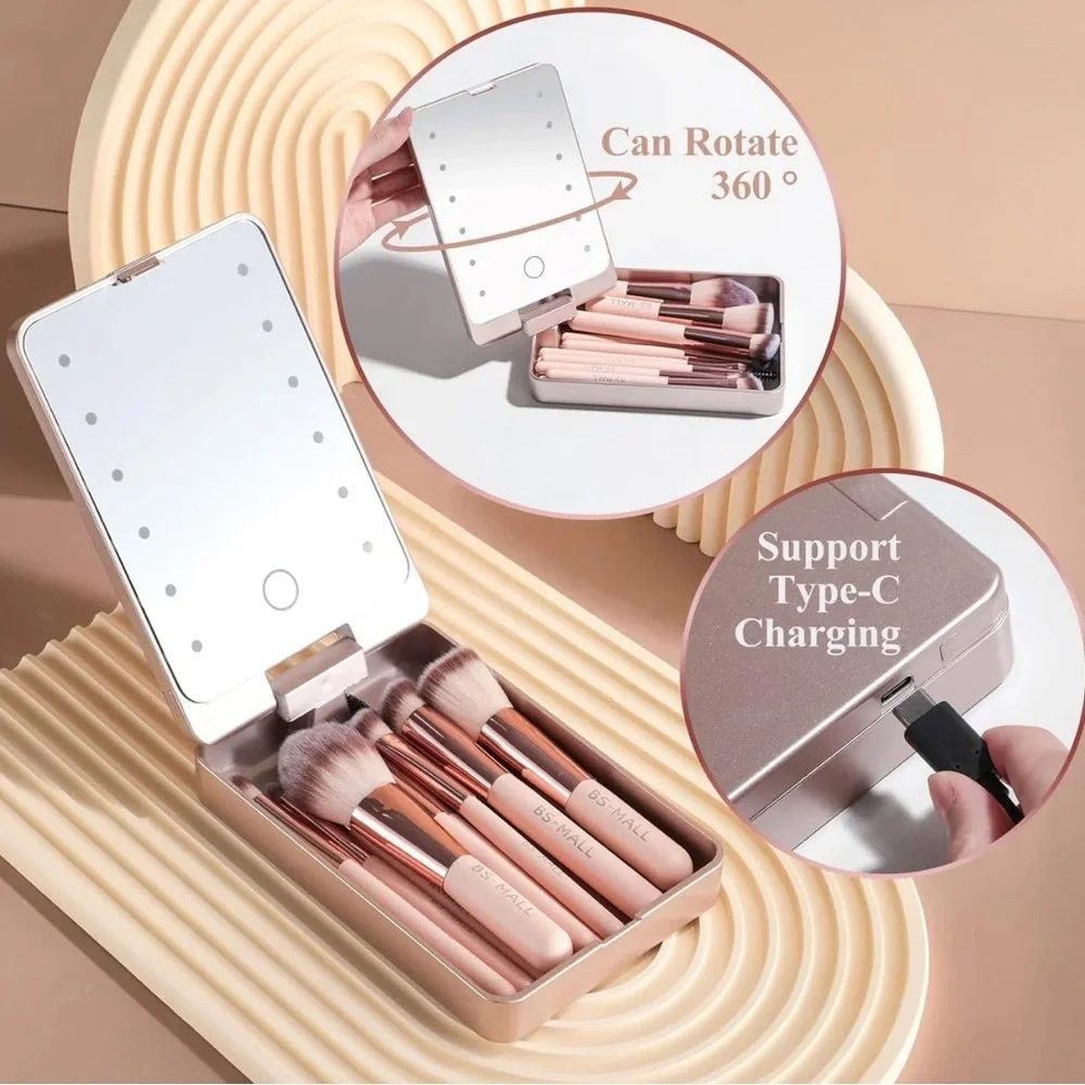 BS-Mall Travel Makeup Brush Set Case with LED Light Mirror